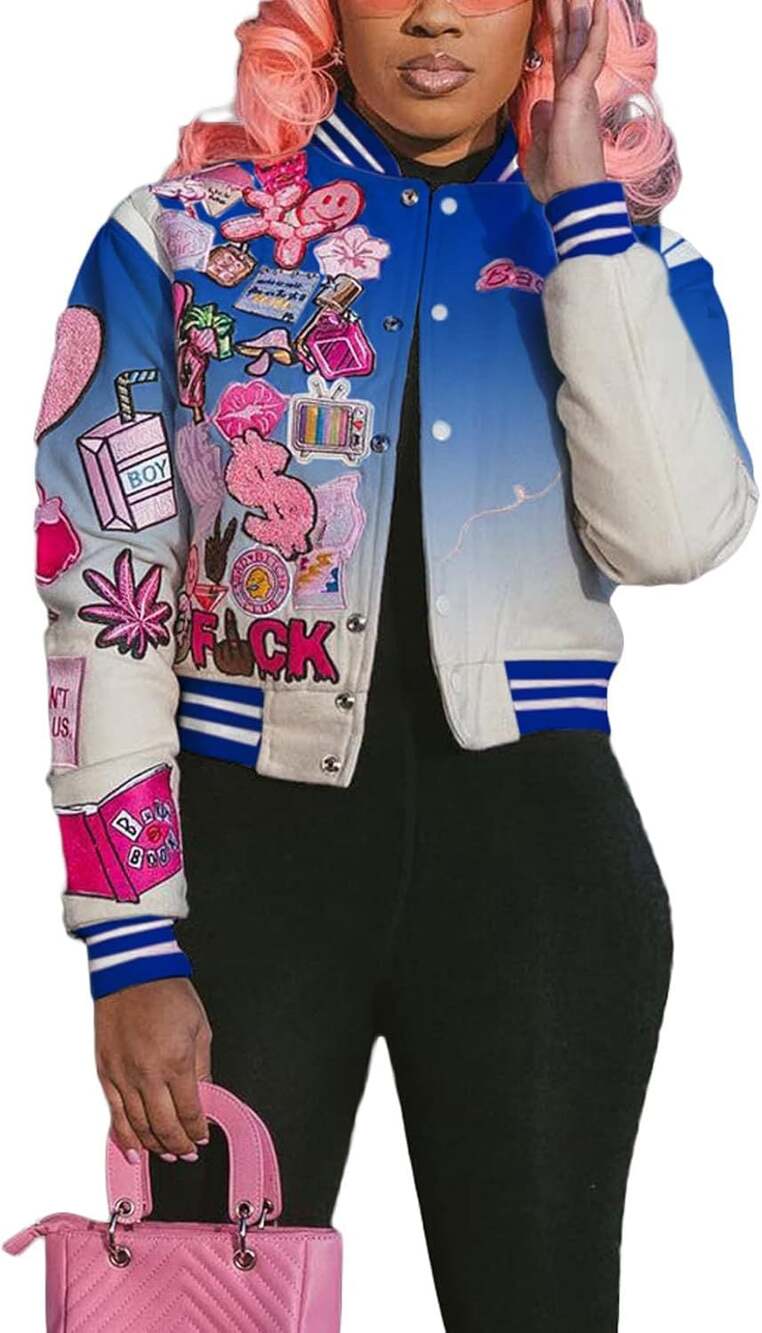 SHEIN BadGirl Graphic Y2K Print Ombre Blue / Pink Varsity Jacket Size XS